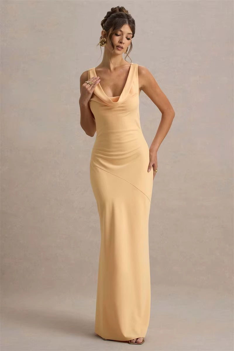 Bertha Satin Cowl Neck Backless Sexy Maxi Dress