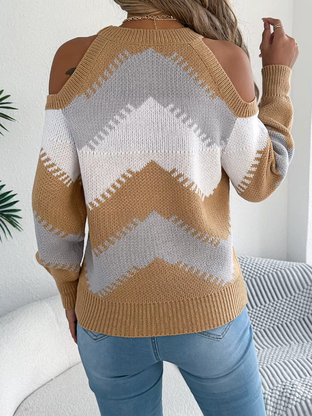 Women’s Contrast Color Striped Off-Shoulder Round Neck Sweater