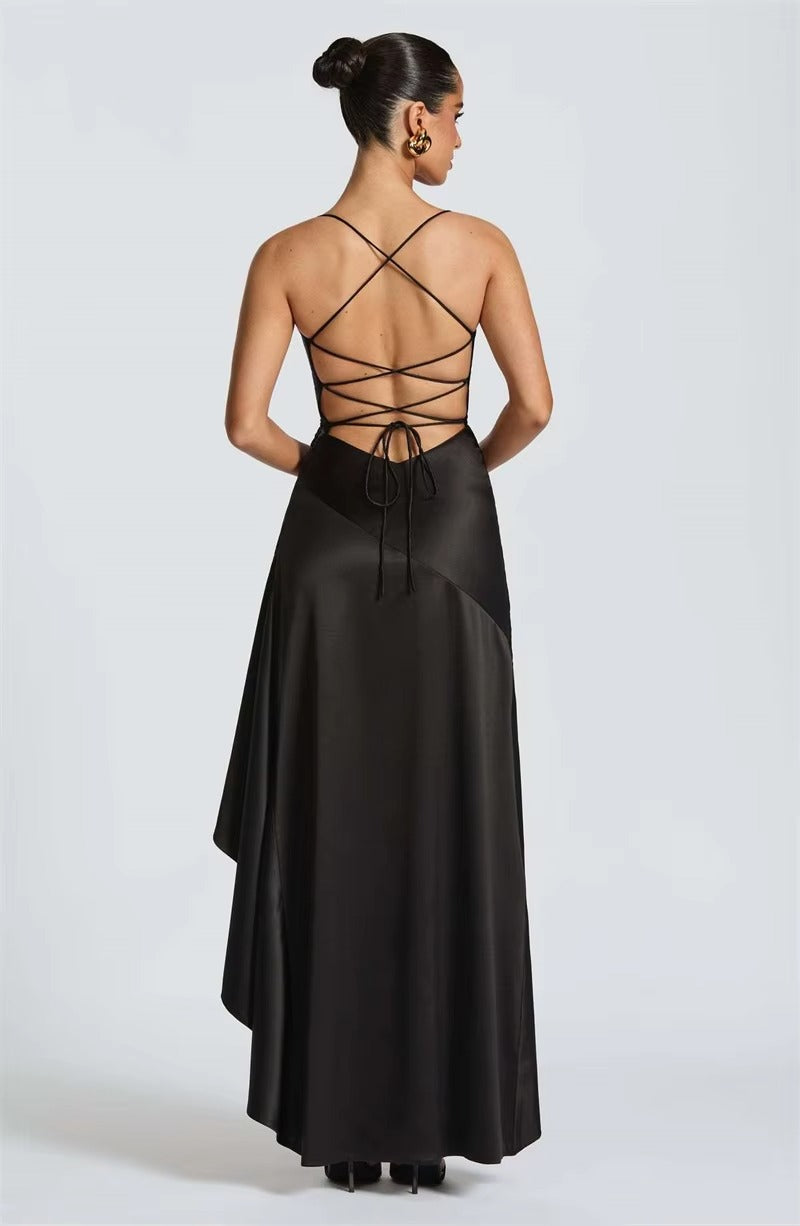 Satin Spaghetti Strap Ruffle Sexy Maxi Dress