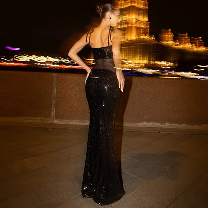 Yvonne Sheer Mesh Spaghetti Strap Sexy Maxi Dress