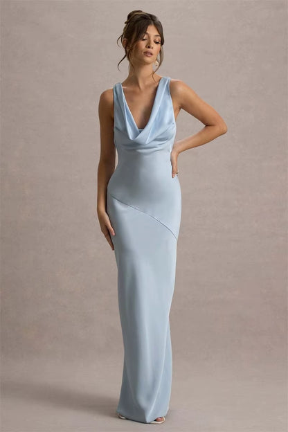 Satin Cowl Neck Backless Sexy Maxi Dress