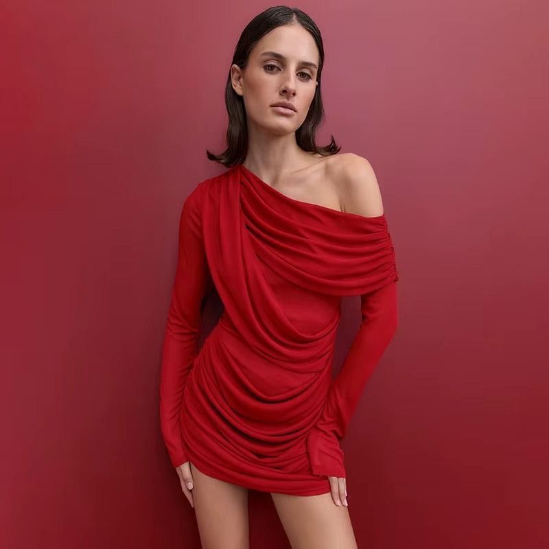 Mesh One-shoulder Long Sleeve Sexy Mini Dress