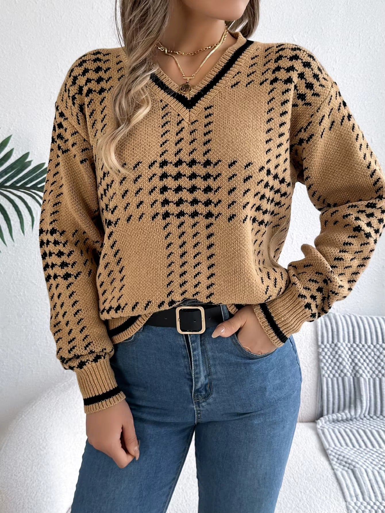 Women’s V-Neck Color Block Grid Striped Sweater