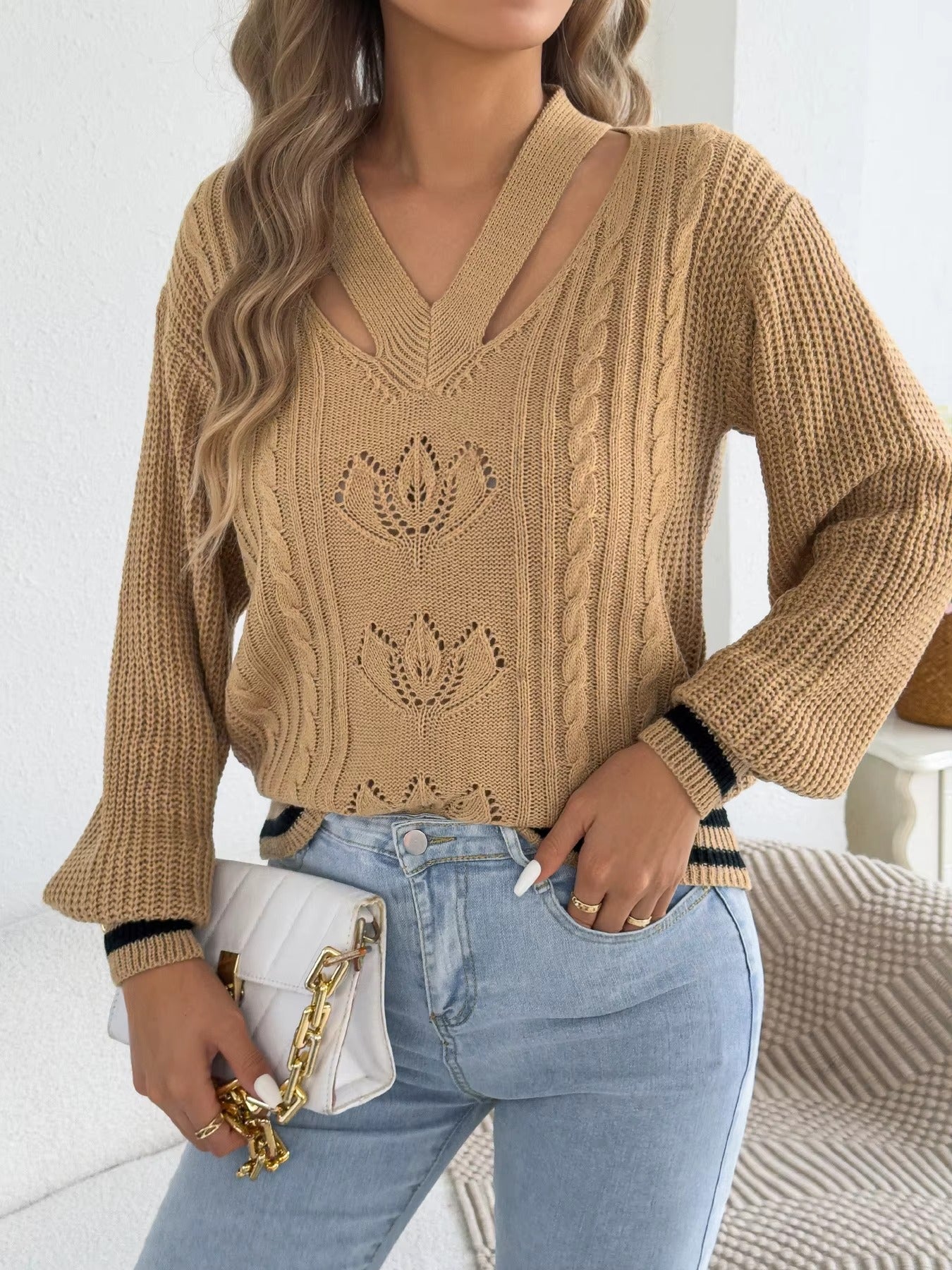 Women’s V-Neck Floral Hollow Out Striped Sweater