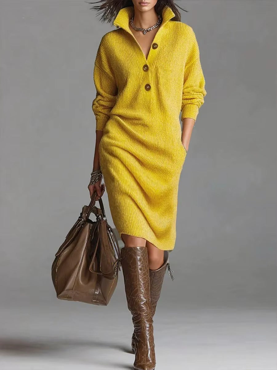 Women's Casual Button-Down Lapel Long Sleeve Knit Sweater Dress