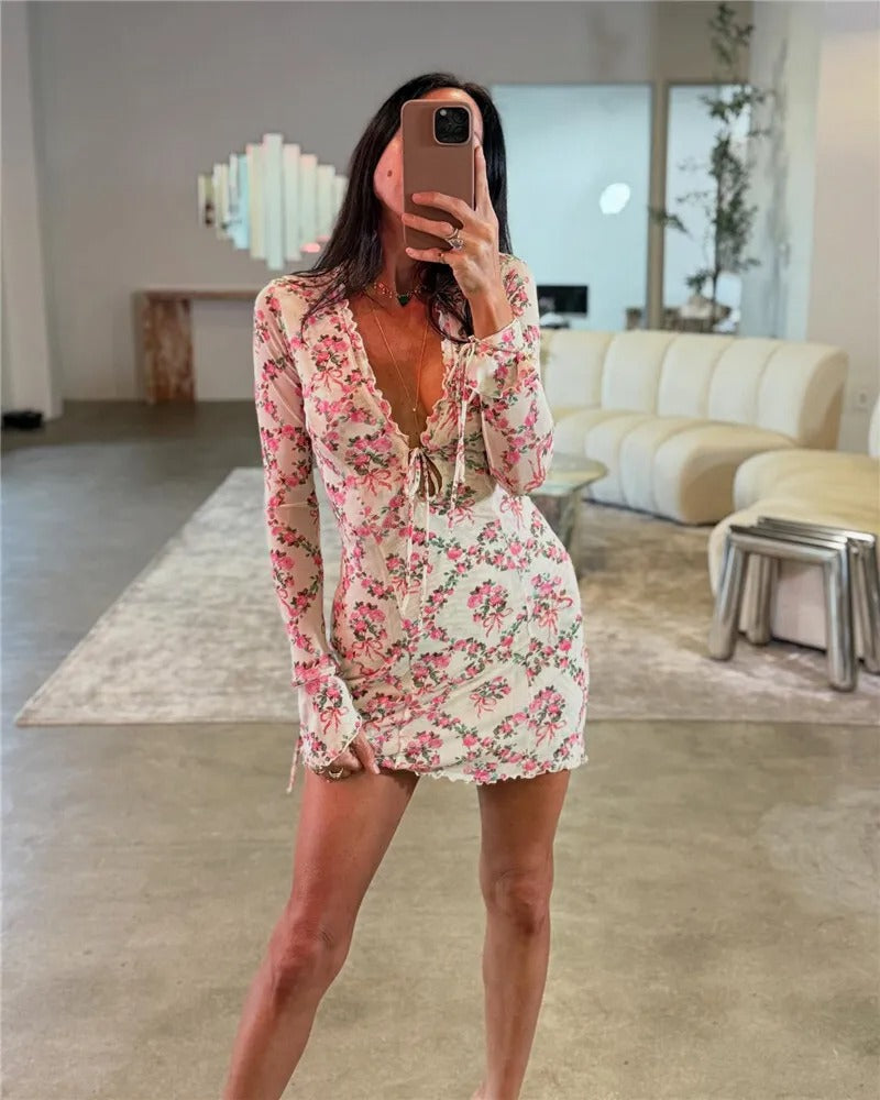 Miranda Deep V Neck Lace-up Print Sexy Mini Dress