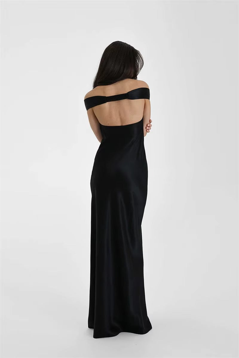 Satin Off-shoulder Backless Sexy Maxi Dress