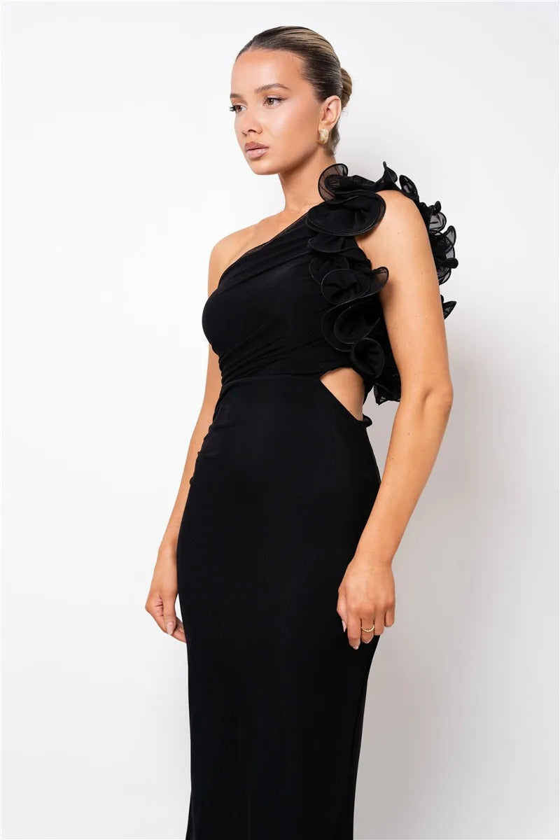 Mandy Shoulder Floral Mesh Ruched Sexy Maxi Dress