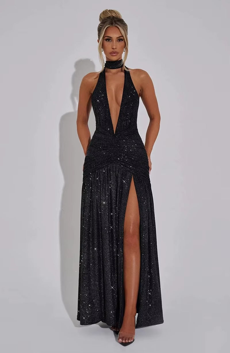 Aimee Glitter Deep V Neck Sexy Maxi Dress