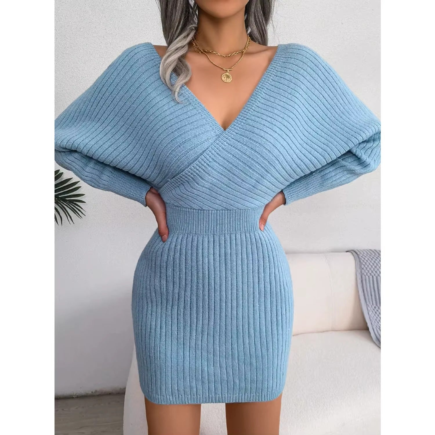 Women's Casual Sexy Cross V Neck Batwing Sleeve Solid ColorDress
