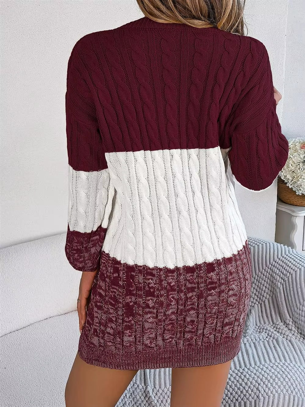 Woman Lantern Sleeve Casual Color Block Sweater Dress