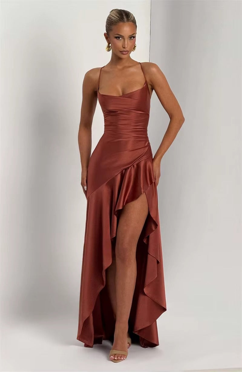 Satin Spaghetti Strap Ruffle Sexy Maxi Dress