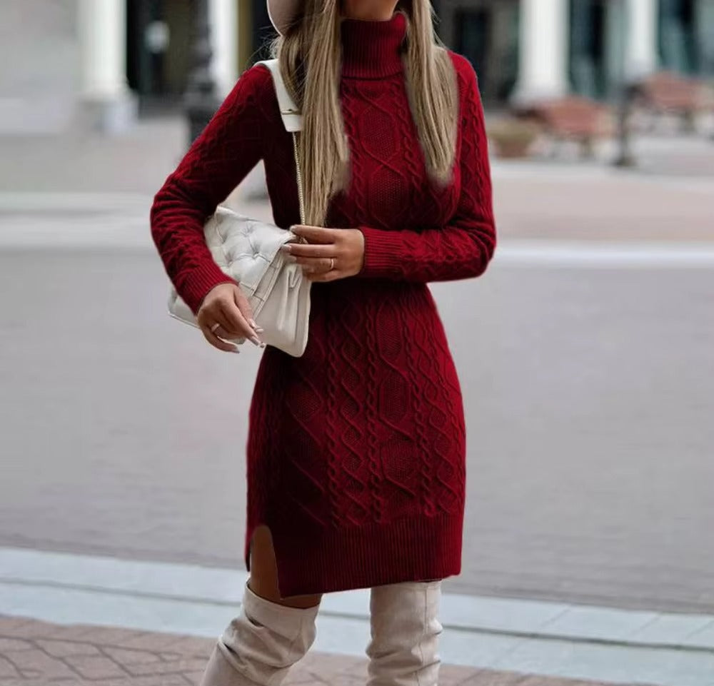 Women's Turtleneck Long Sleeve Cable Knit Sweater Dress