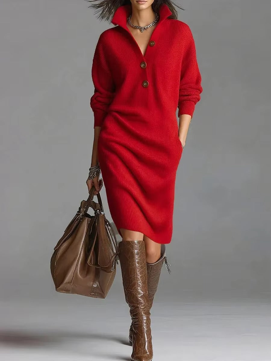 Women's Casual Button-Down Lapel Long Sleeve Knit Sweater Dress