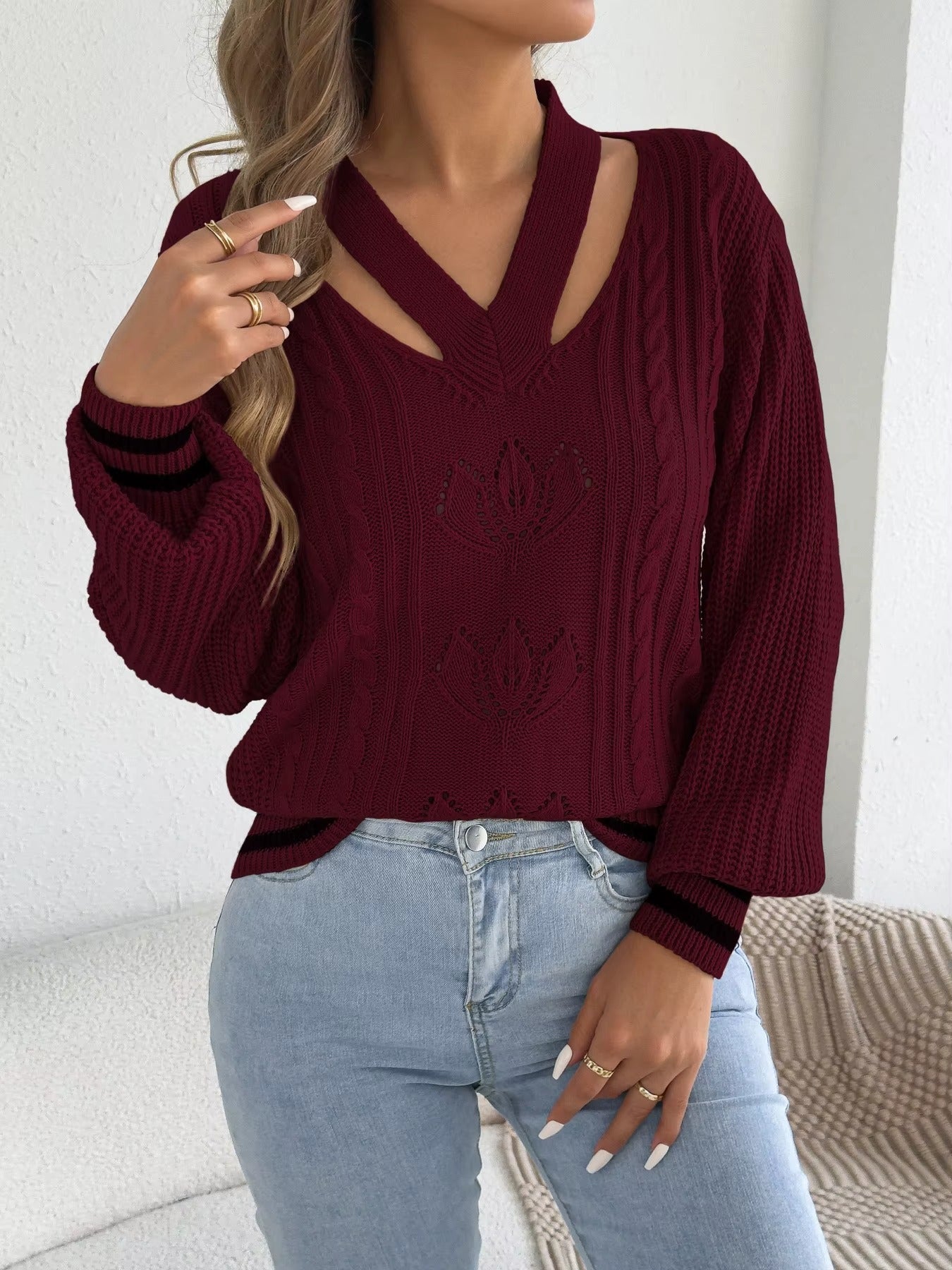 Women’s V-Neck Floral Hollow Out Striped Sweater