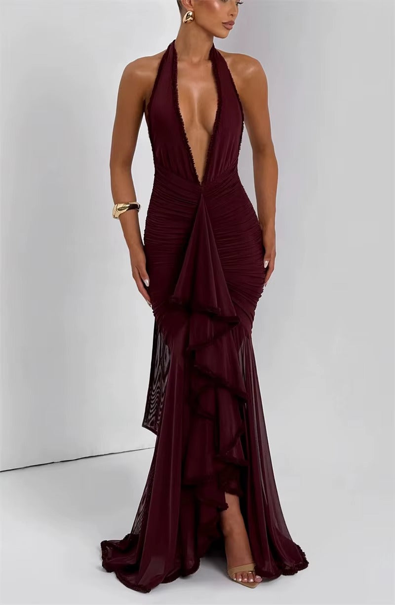 Becky Halter Deep V Neck Sexy Maxi Dress