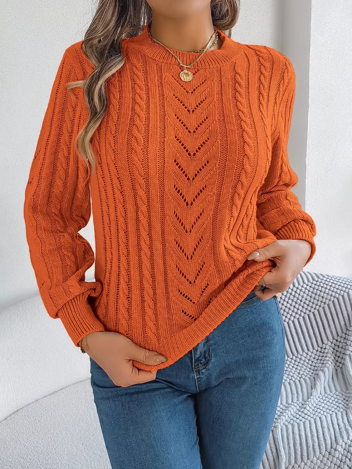 Women's O-Neck Hollow Out Long Sleeve Pullover Sweater