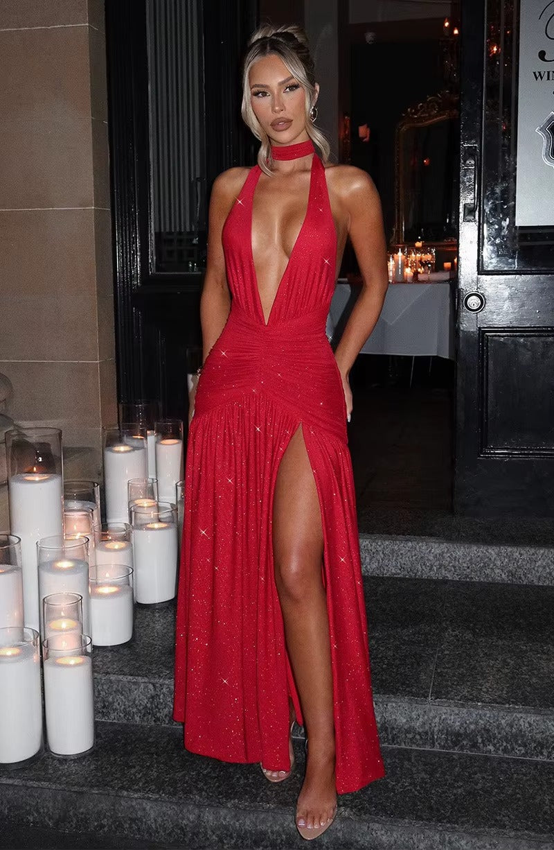 Aimee Glitter Deep V Neck Sexy Maxi Dress