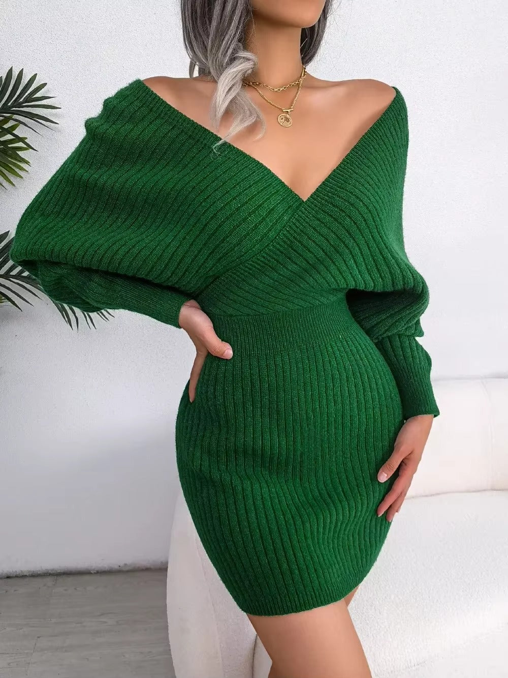 Women's Casual Sexy Cross V Neck Batwing Sleeve Solid ColorDress