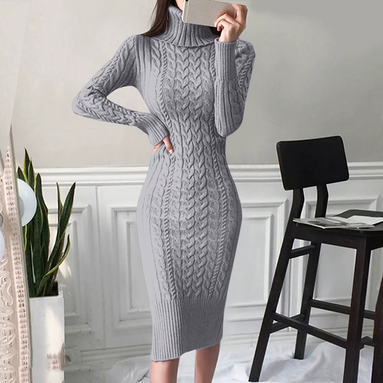 Women's Turtleneck Long Sleeve Solid Color Sweater Dress