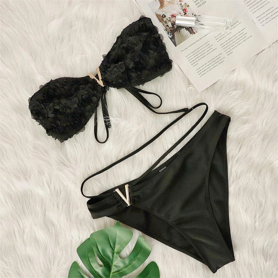 Jasmine 3D Flowers Bandeau High Cut Leg Bikini