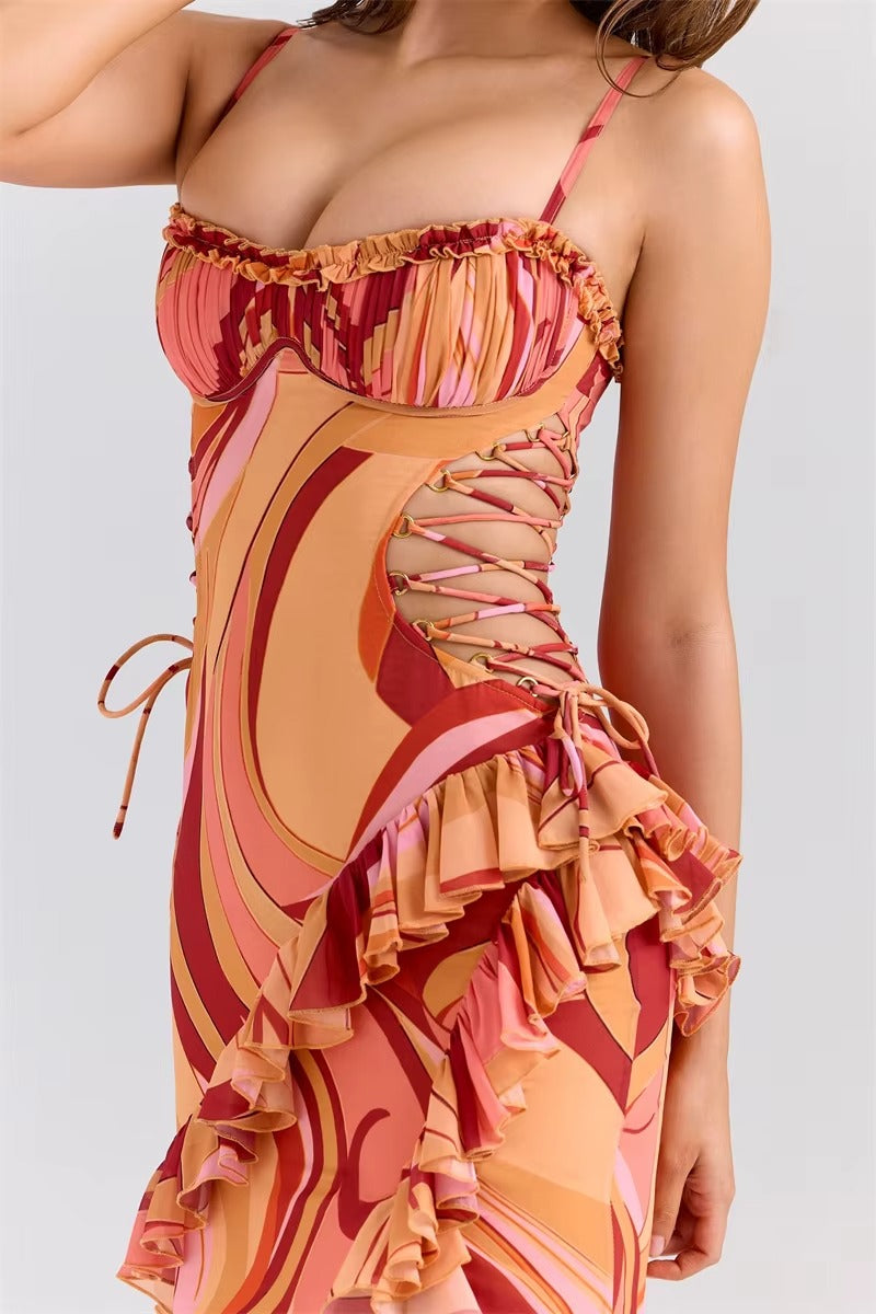 Print Ruffle Cut Out Sexy Maxi Dress