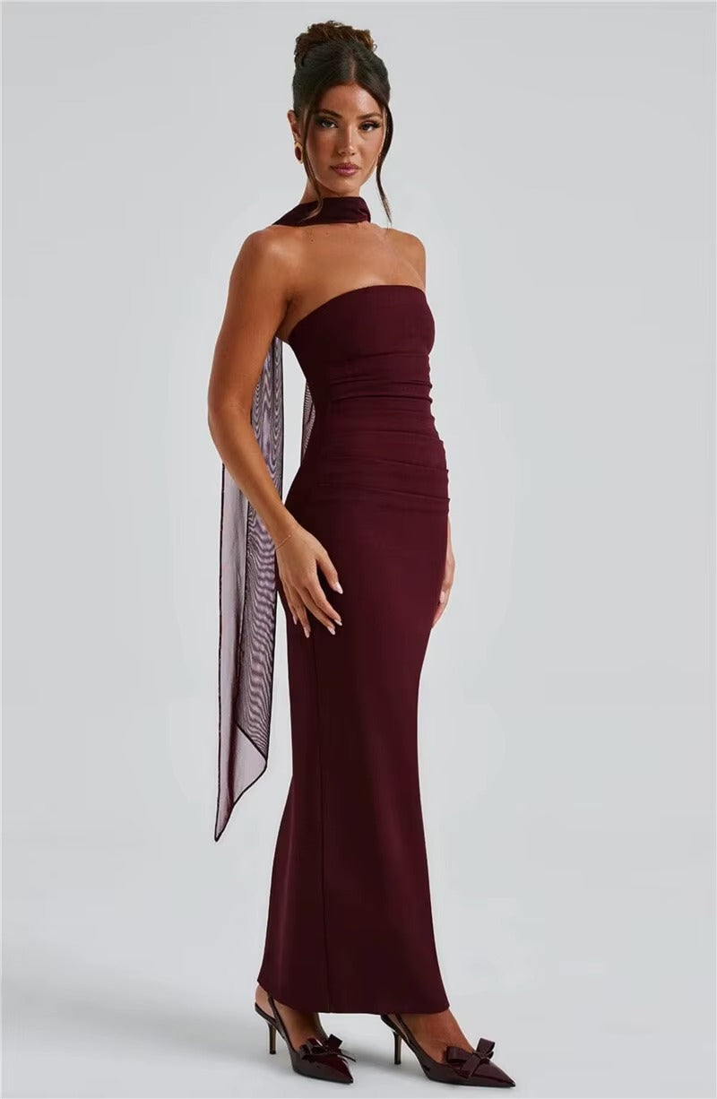 Alyssa Scarf Collar Strapless Sexy Maxi Dress