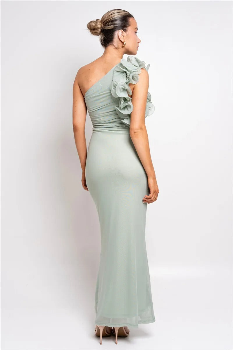 Mandy Shoulder Floral Mesh Ruched Sexy Maxi Dress