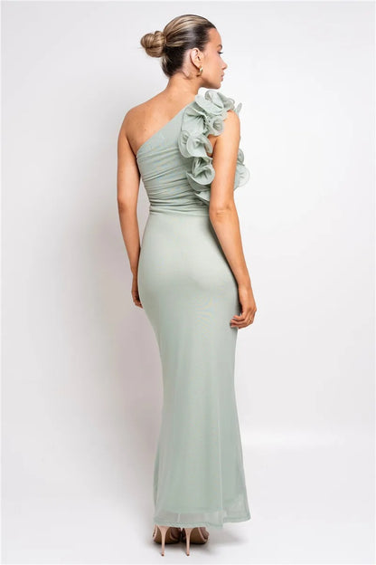 Sharon Shoulder Floral Mesh Ruched Sexy Maxi Dress