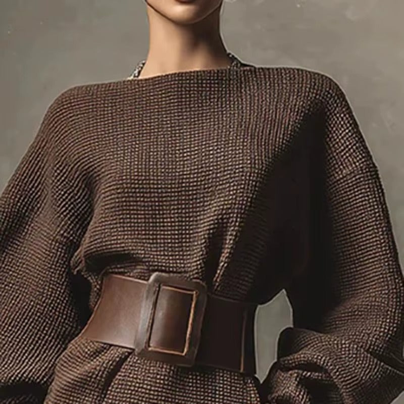 Sexy Slash Neck Solid Color Knit Sweater Dress for Women