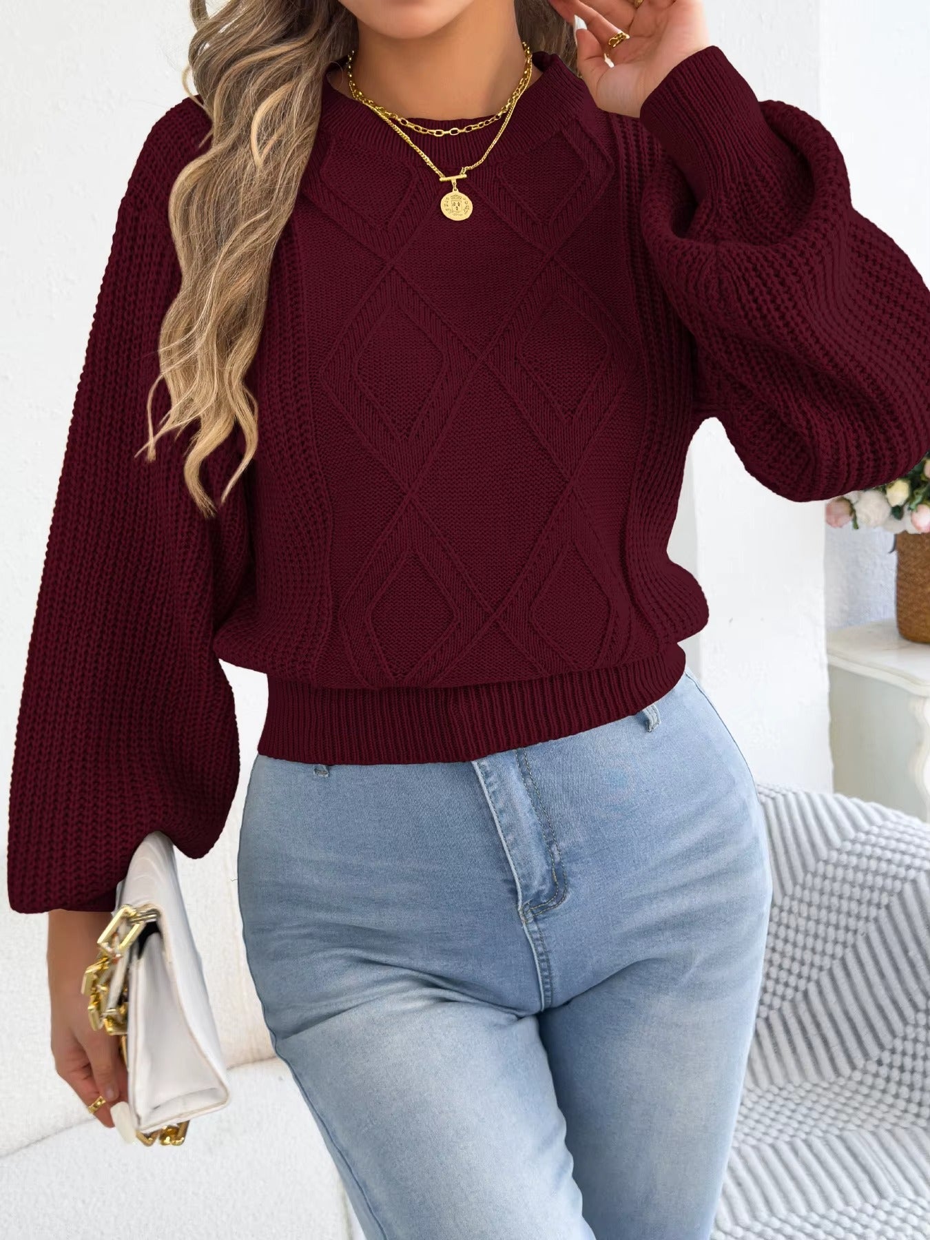 Women's Solid Color Lantern Sleeve Round Neck Knitted Sweater