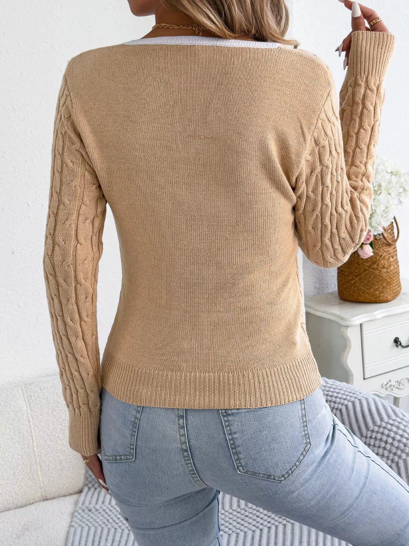 Women's Square Neck Twist Striped Long Sleeve Knit Sweater