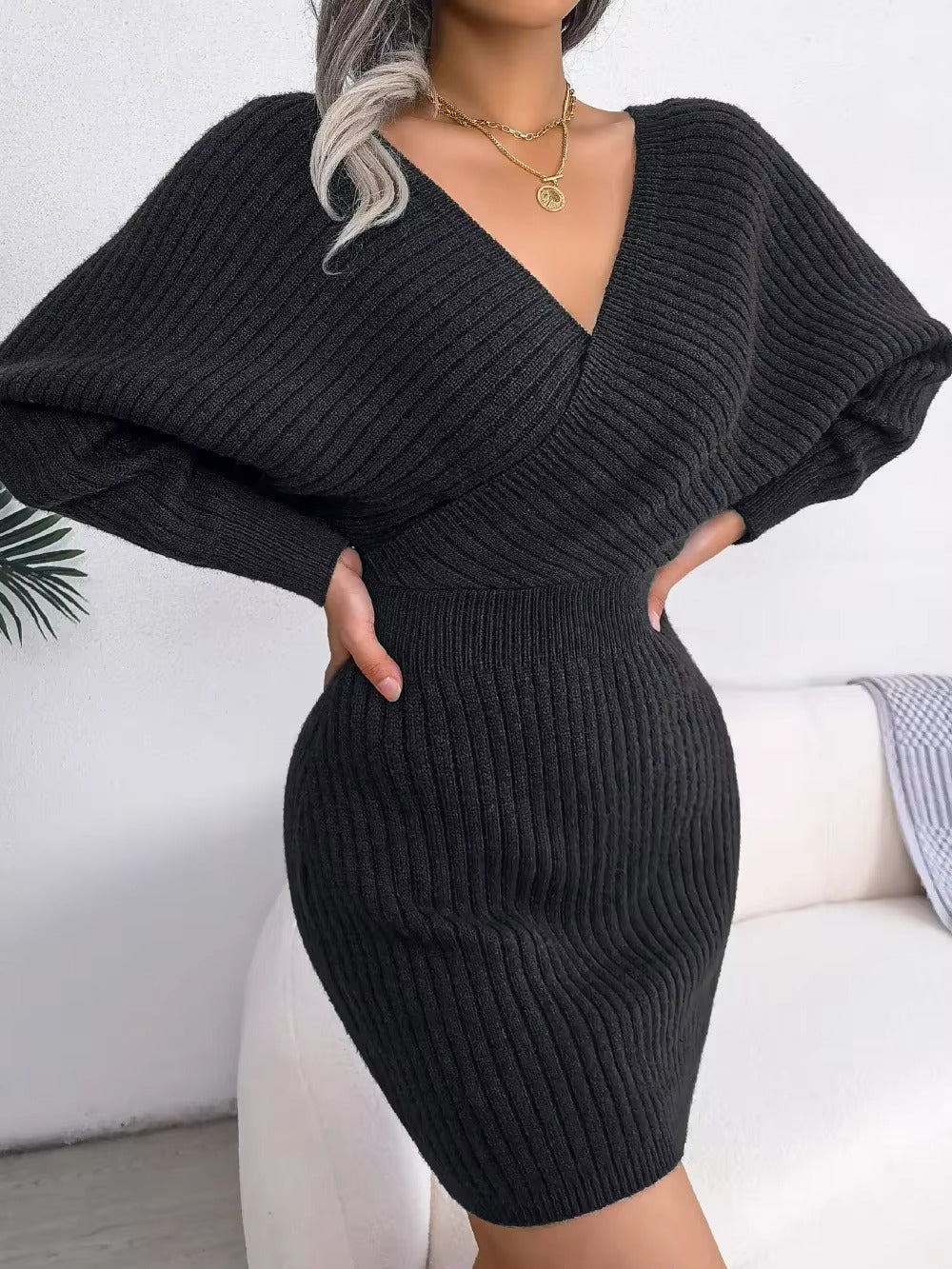 Women's Casual Sexy Cross V Neck Batwing Sleeve Solid ColorDress
