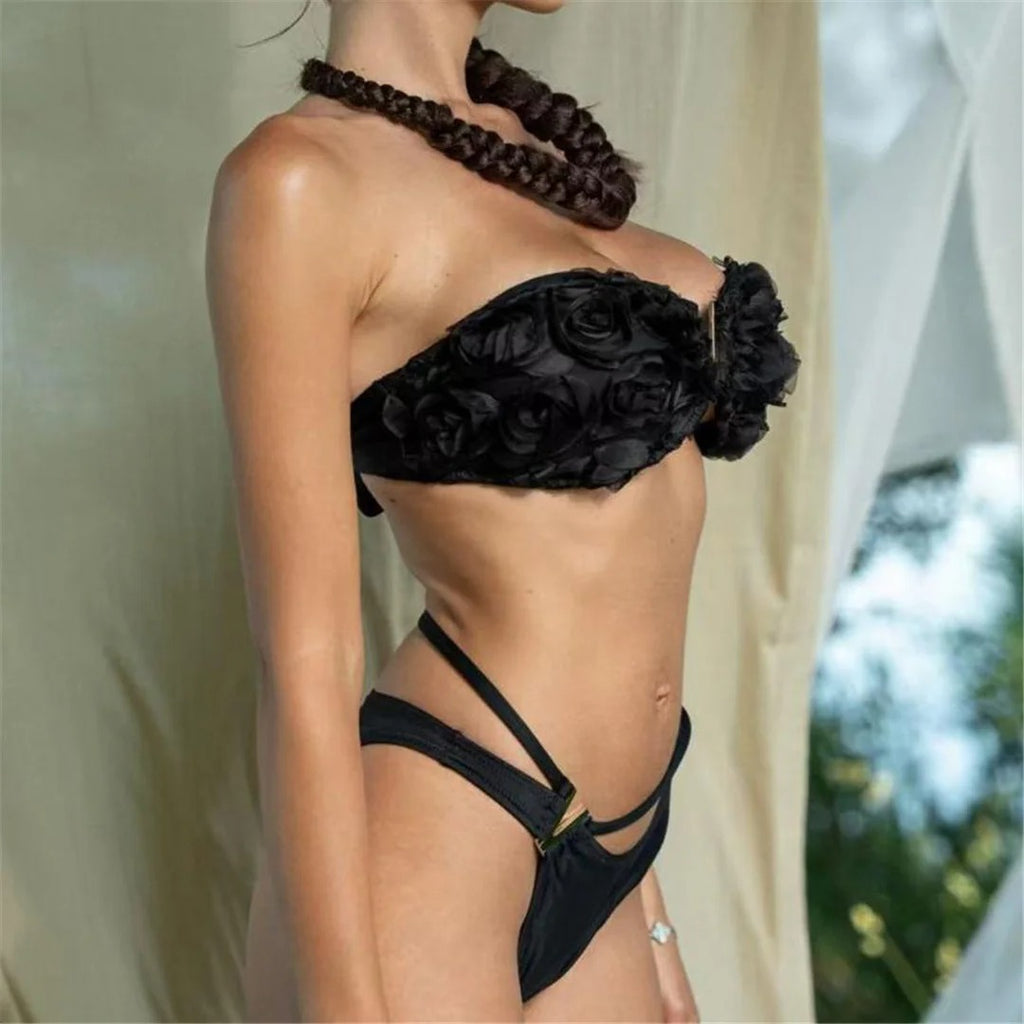 Jasmine 3D Flowers Bandeau High Cut Leg Bikini