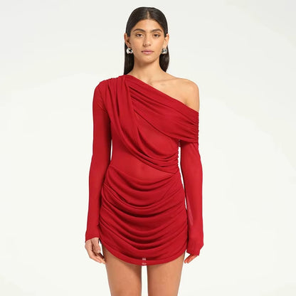 Mesh One-shoulder Long Sleeve Sexy Mini Dress