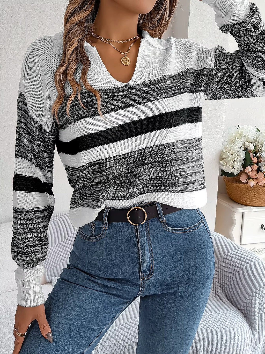 Elegant V-Neck Sweater Outfit 2026 | Lapel Patchwork Knit Pullover Look