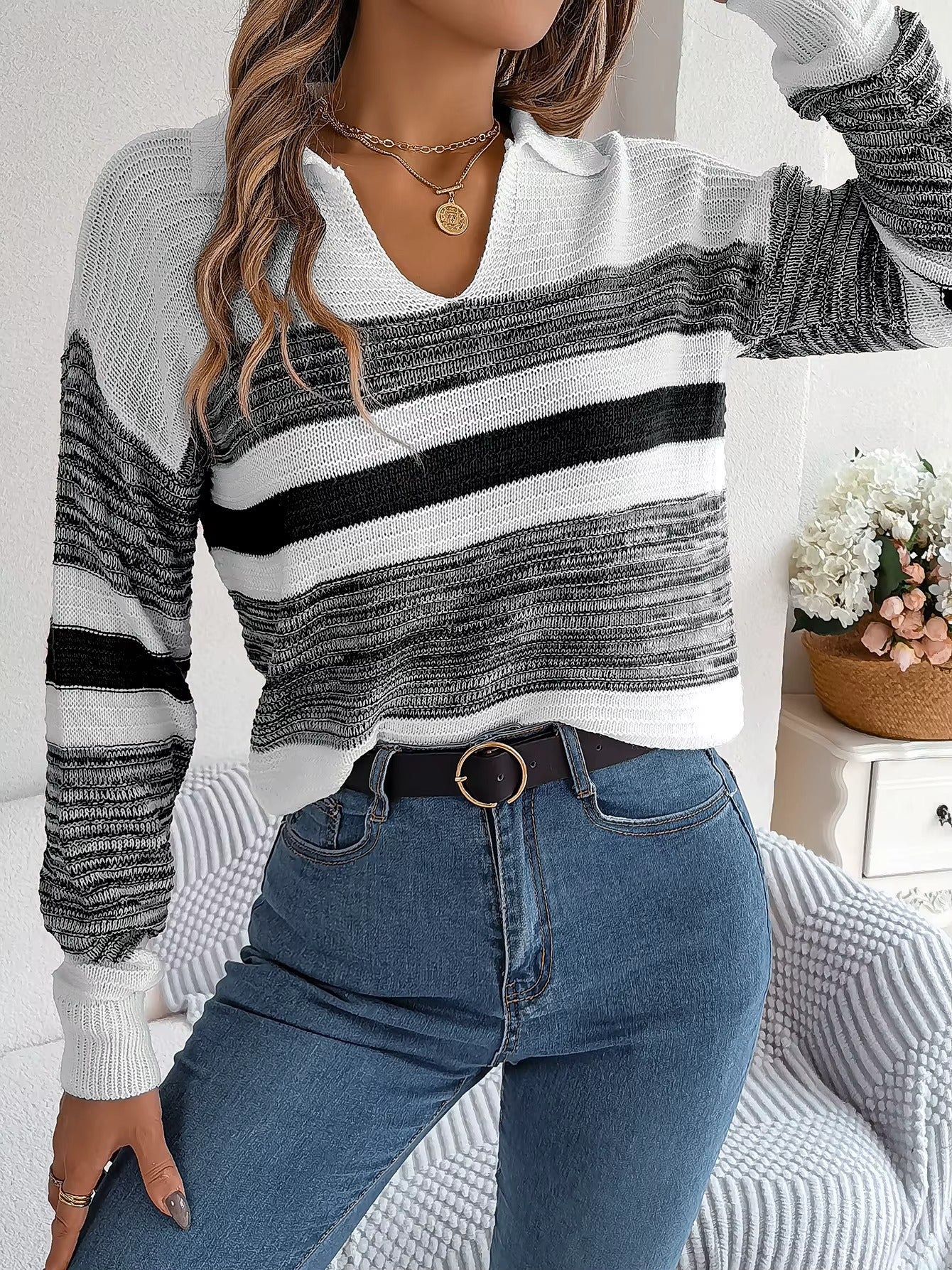 Elegant V-Neck Sweater Outfit 2026 | Lapel Patchwork Knit Pullover Look