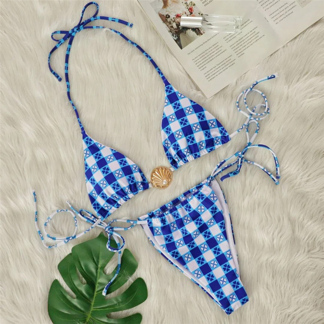 Grace Plaid Halter High Leg Cut Strappy Bikini