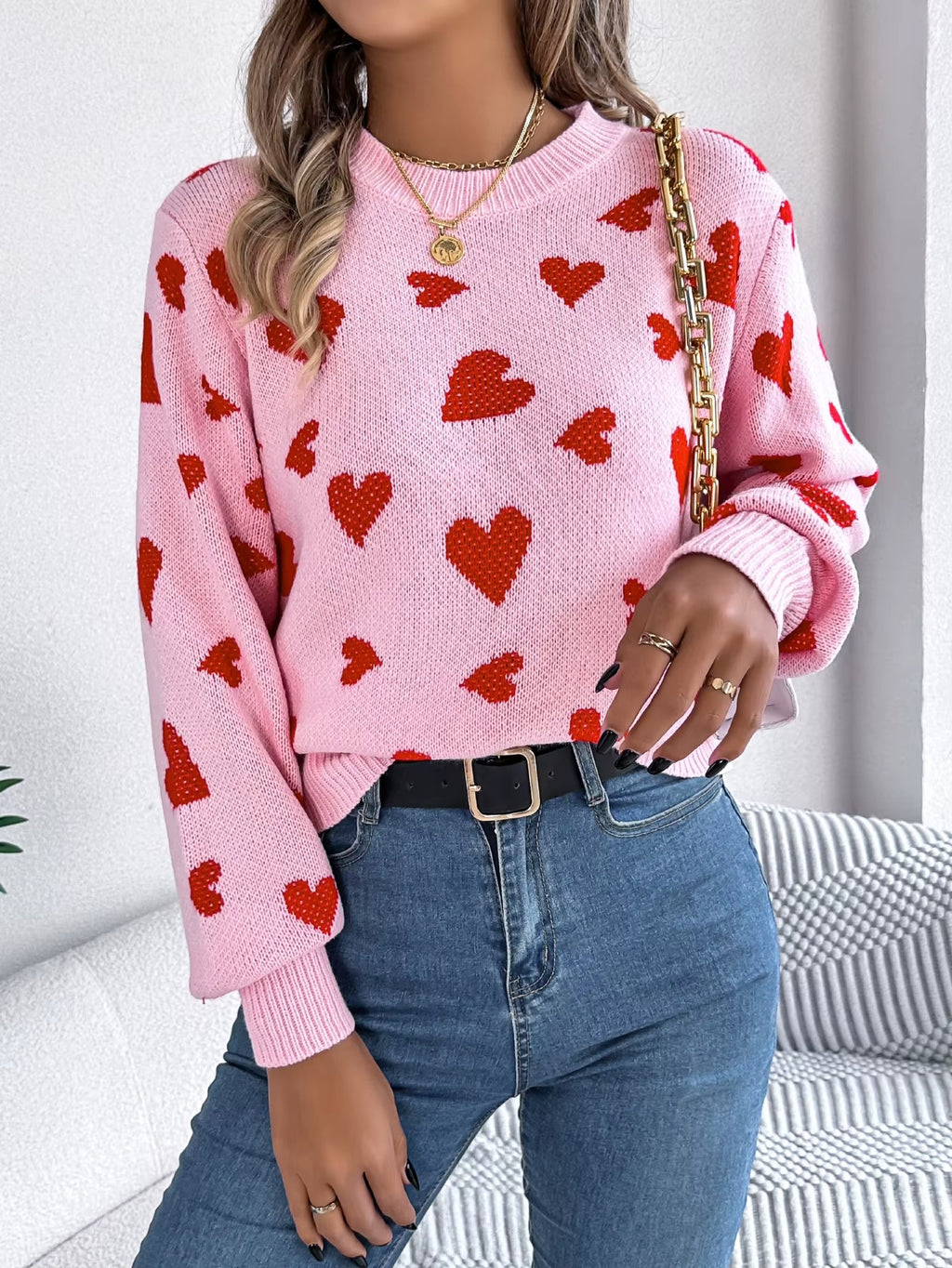 Women’s Heart Print Contrast Color Pullover Sweater