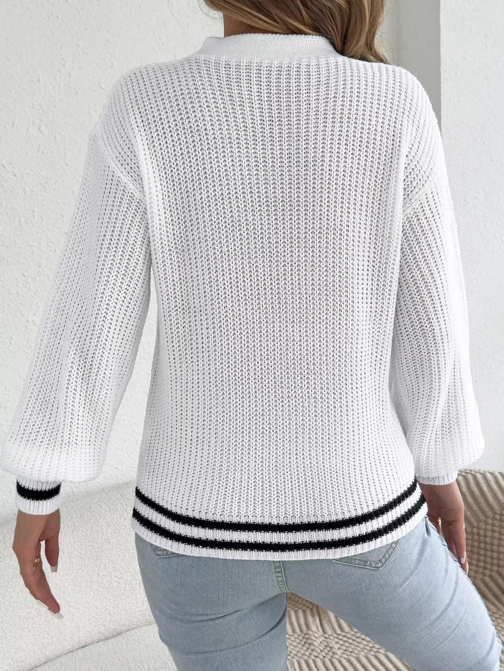 Women’s V-Neck Floral Hollow Out Striped Sweater