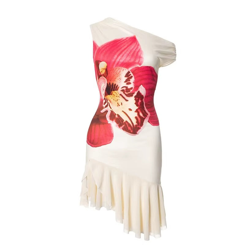 Patsy Skew Collar Ruffled Print Sexy Mini Dress