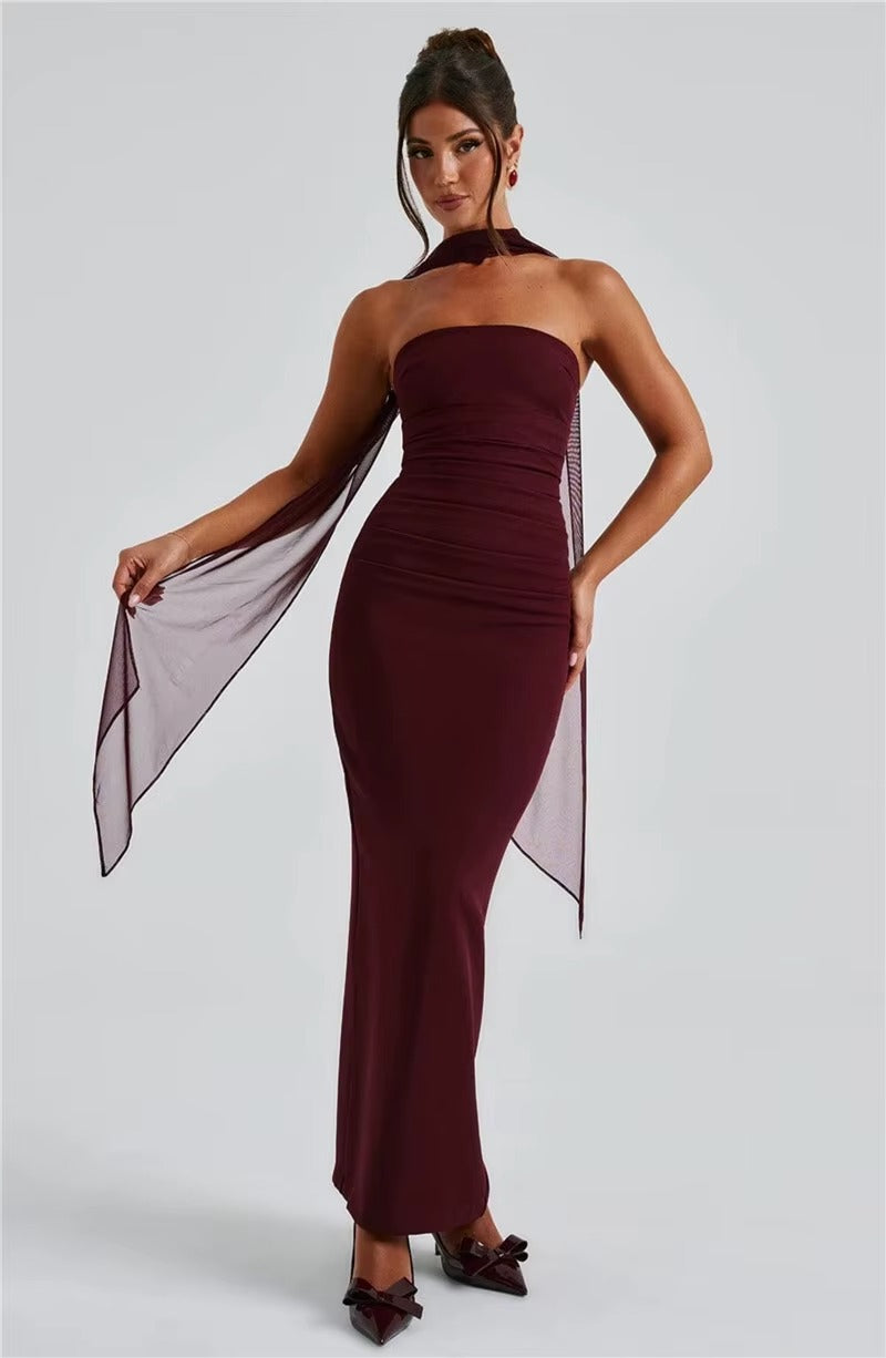 Alyssa Scarf Collar Strapless Sexy Maxi Dress