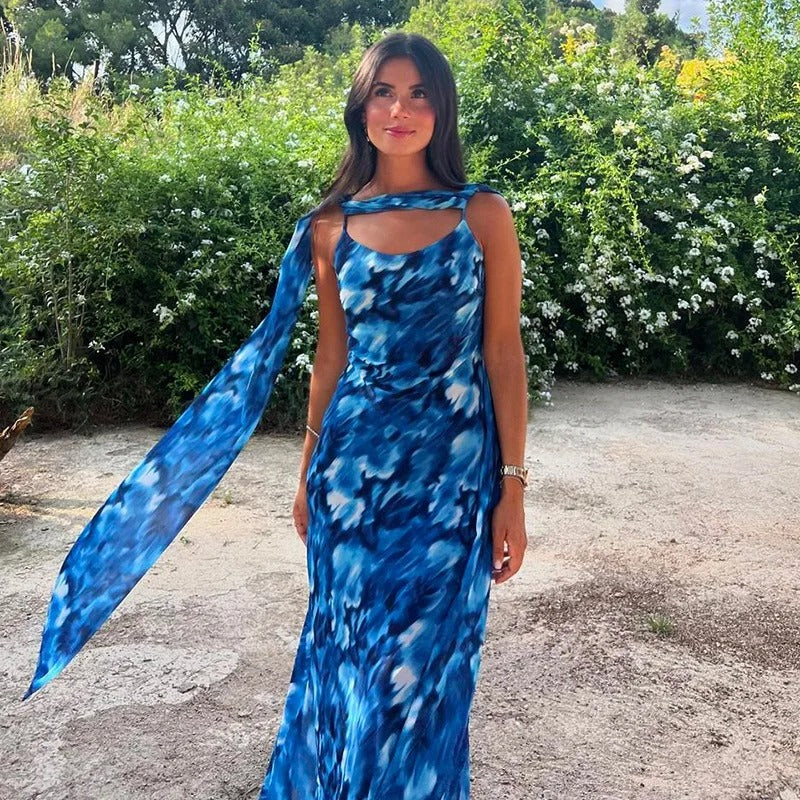 Maureen Halter Backless Print Sexy Maxi Dress