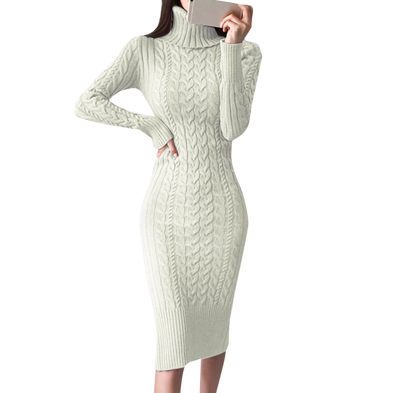 Women's Turtleneck Long Sleeve Solid Color Sweater Dress