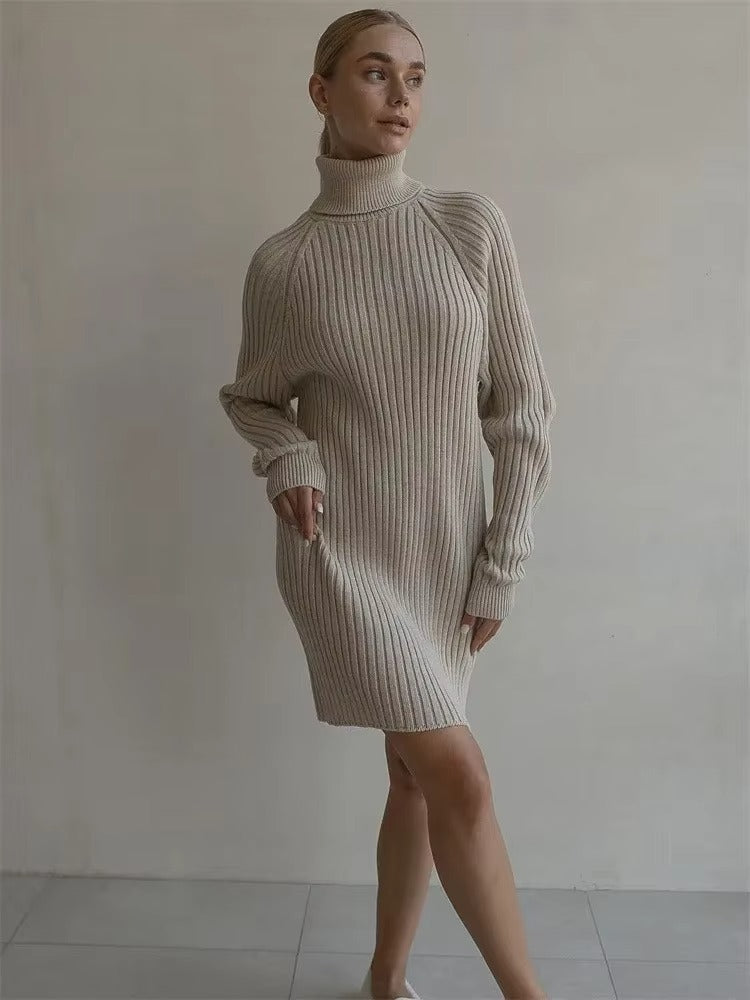 Women's High Collar Long Sleeve Thickened Knit Sweater Dress