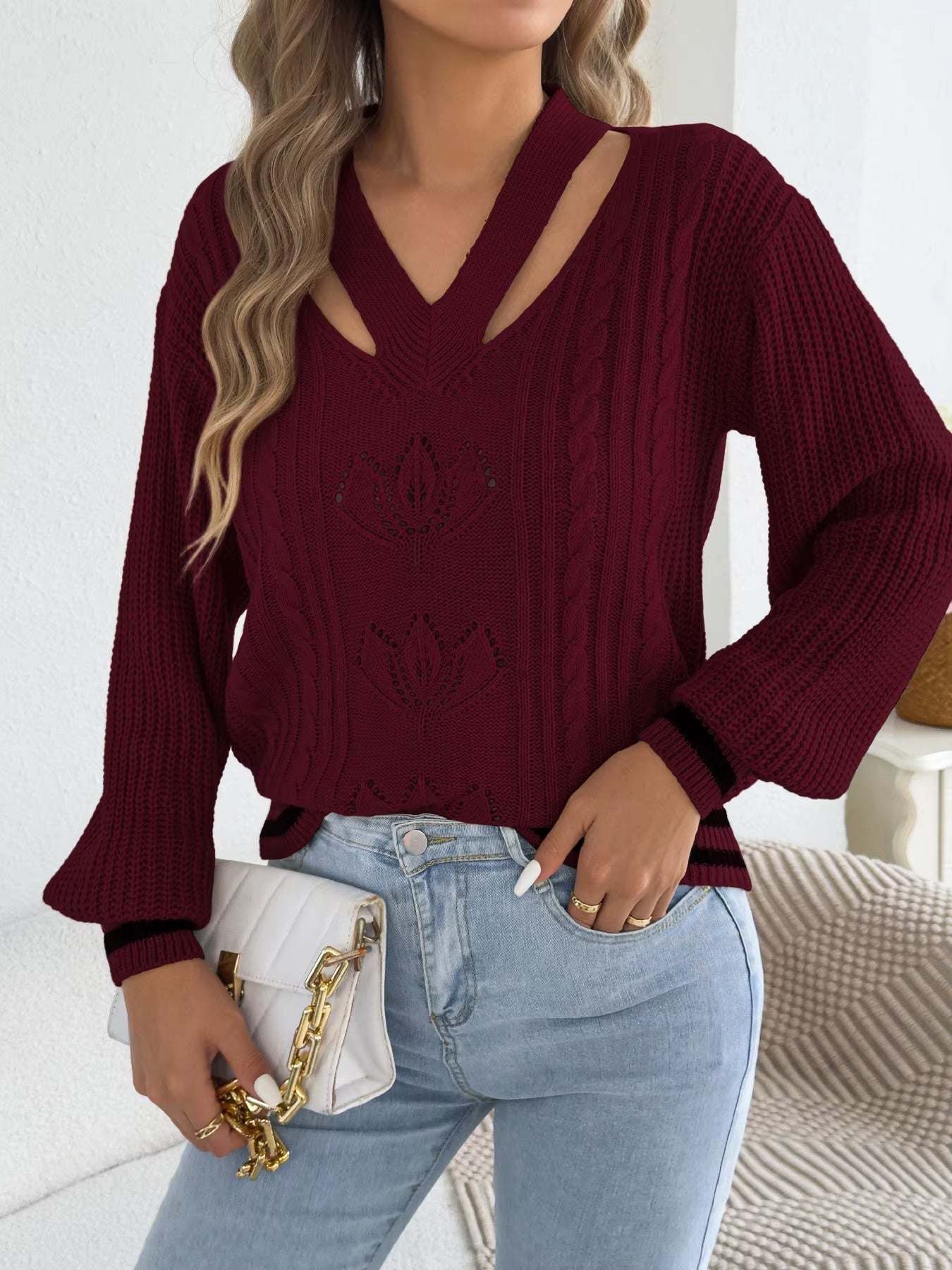 Women’s V-Neck Floral Hollow Out Striped Sweater