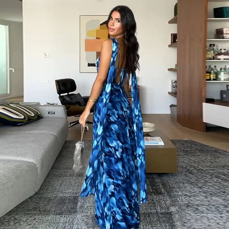 Maureen Halter Backless Print Sexy Maxi Dress