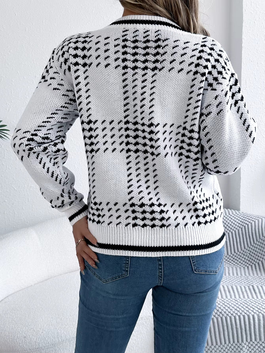 Women’s V-Neck Color Block Grid Striped Sweater
