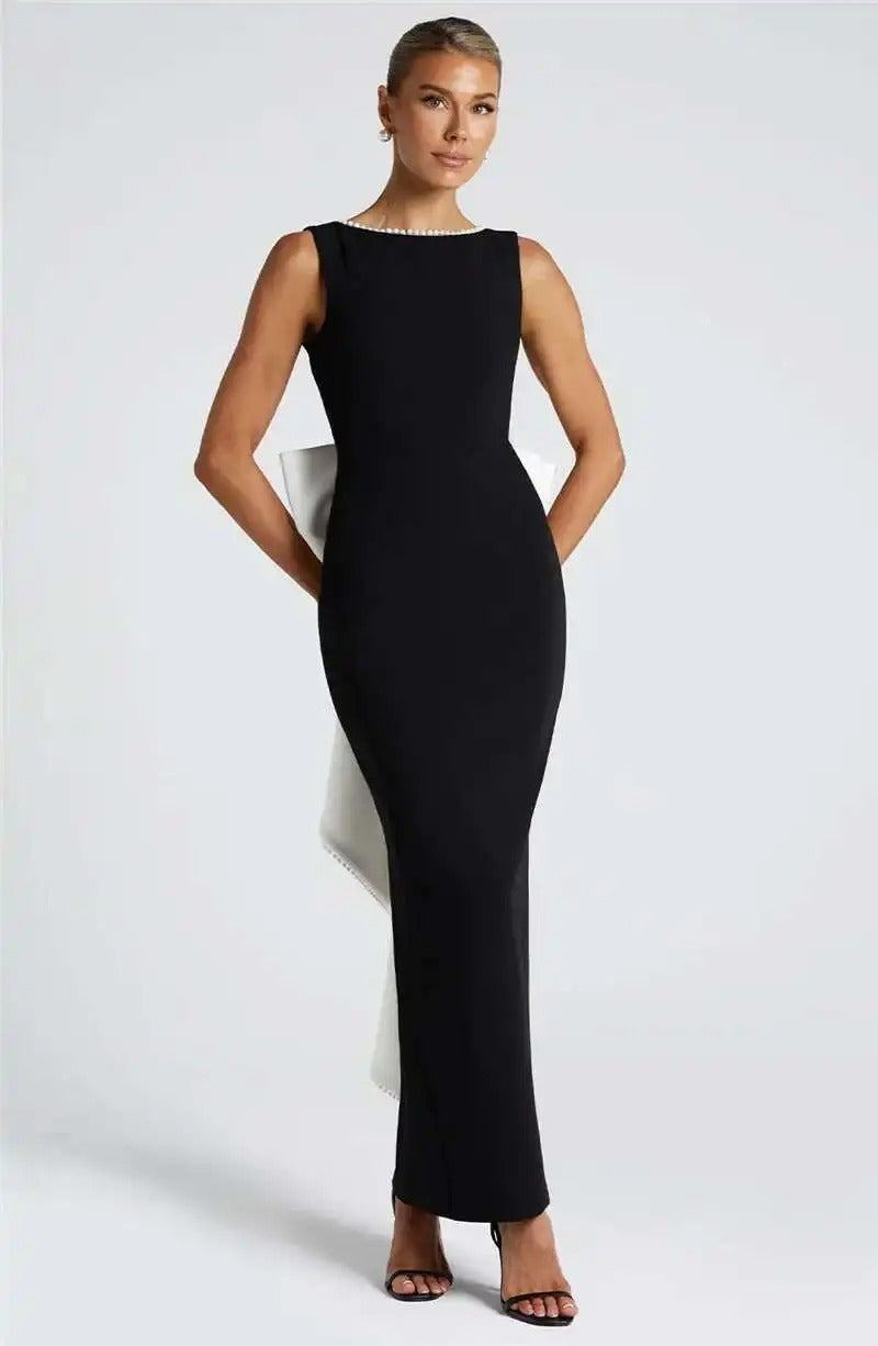 Lorraine Pearl Bow Backless Sexy Maxi Dress
