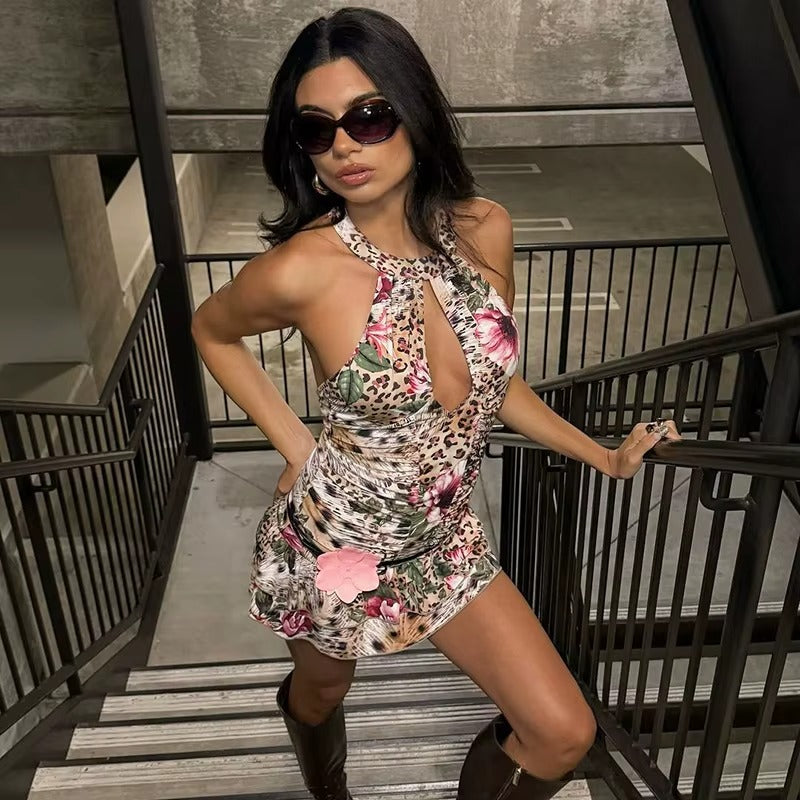 Lillian Hollow Out Halter Print Mini Dress